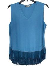 Soft surroundings Women’s Medium top blue v-neck fringe hem Sleeveless Tank