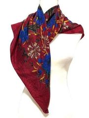 SCARF 34” Square Polyester Satin Dark Red Blue Gold Floral No Tags Beautiful