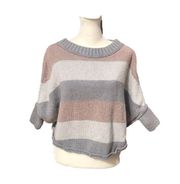 Gray & Brown Striped Wool Blend Half Sleeve Poncho Oversized Sweater