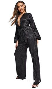 Misguided Satin Tie Front Wide Leg Jumpsuit Black Size 10