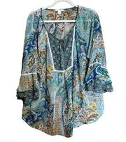 Westport Blouse Womens 2X Multicolor Paisley Print Boho Tiered Bell Sleeves Top