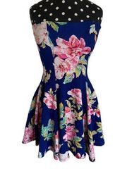 In Style Womens Dress Sz S Blue Floral Strapless Textured Padded Fit & Flare