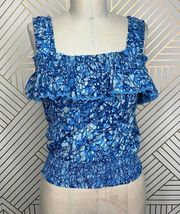 House of Harlow 1960 Blue Ruffle Smocked Square Neck Tank Top Size US Small