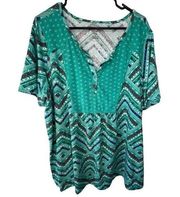 Woman Within Boho Short Sleeve Babydoll Top With Geometric Pattern