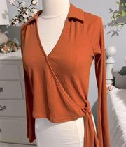 Love Fire Cropped Long Sleeve Top Bombay Brown Wrap Ribbed Side Tie Shirt Small