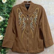 Bob Mackie Smart Denim Embroidered Tassel Jacket Art Wear Brown Tan Size Small