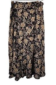 Vintage Sag Harbor Womens Plus Size 14 Black Tan Red Dark Floral Maxi Skirt Boho