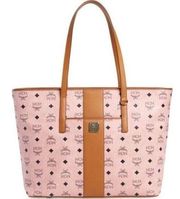 MCM Anya Top Zip Shopper Soft Pink Black Logo Coated Canvas and Leather Tote