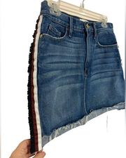 FRAME DENIM multi tape / tapered stripe jean skirt raw edge stagger hem 28