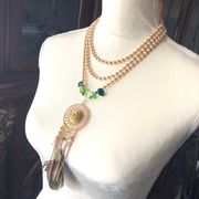 Handcrafted filigree pendant Czech Pearl genuine emerald gemstone clasp necklace