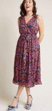 ModCloth • Pleated Floral Chiffon Dress midi metallic sparkle surplice tie waist