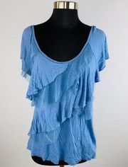 AB Studio Womens Medium M Blue Tiered Mesh Ruffle Sleeved Top