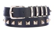 Unisex Leather Belt w Silver Gunmetal Grommets Studded Pyramid Square Buckle Black Sz M/L