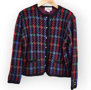 Vintage Worthington Black Red Green Houndstooth Plaid Button Down Cardigan M