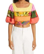 FARM RIO Tiered Top Rainbow Mixed Print Cropped Linen Multicolor Puff Sleeve Sm