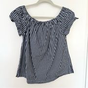 Velvet Heart Navy Sz M Women White Gingham Shirt Blouse Off Shoulder 100% Cotton