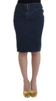 Cavalli Blue Corduroy Pencil Skirt Back Zip Knee Length Sz IT46 / US XL NEW