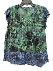 Democracy Hawaiian Print Ruffle Sleeve Smocked Top Blouse Size 2X V Neck