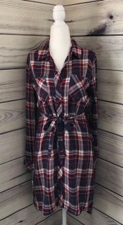 Long Plaid Flannel Shirt Dress Small Button Down