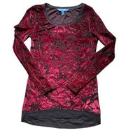 Vera Wang Long Sleeve Semi Sheer Baroque Burgundy Velvet Tunic Top XS NWT