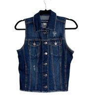 Maurices Dark Wash Distressed Frayed Hem Collared Denim Vest