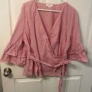 Striped Faux Wrap Blouse with Ruffle Sleeves-XL SEE MEASUREMENTS