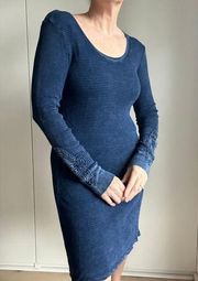 ABLE Thermal Waffle Knit Dress Blue Size medium lace Detail Sleeves Indigo