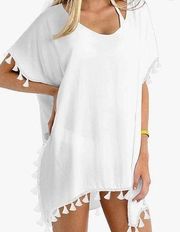 Yincro White Swim Cover up with Tassel Trim Size B