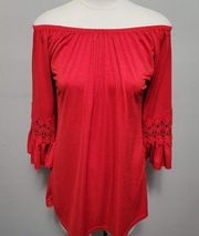 Winwin red off shoulder crochet flounce sleeve tunic size medium