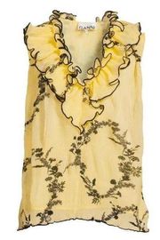 GANNI Pleated Georgette Yellow Ruffle Neck Blouse Sleeveless Sz EU 38 US L NWT