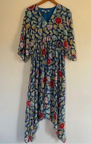 Hutch Blue Fruit Tropical V-Neck Flowy Midi Dress Size 0X Vacation Beach