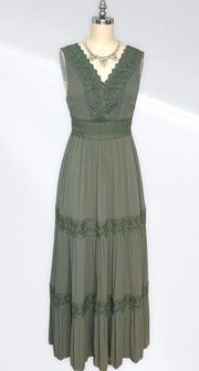 Davi & Dani Lace Crochet Tiered Maxi Dress Sage Green