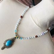 Handcrafted large howlite filigree pendant beaded necklace