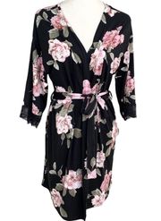 FLORA NIKROOZ Jersey Knit Black Floral Short Lace Trim Robe XS NWT