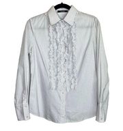 TAHARI Juliette Striped Button Up Shirt White Ruffle Detail Blouse, size Medium