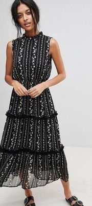 Moon River Size S Floral Ruffle Midi Dress Black Sleeveless High Neck Lined F017