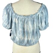 Lucky Brand Large Cropped Top Tassels Ruffled Neck Puff Sleeves Tie-Dye Blue