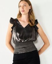 Nine West Sleeveless Ruffle Smocked Hem top metallic back tie detail