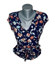 LeLis Navy Floral Print Short Sleeve Top With Tie Shirt Size Medium