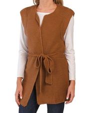 CeCe Women's Sweater Vest Open Front Belted Cognac Brown Tan Chunky Knit Size L