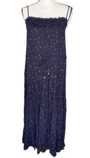 Free People  Floral Rose Smocked Sleeveless Maxi Dress Blue Small Tie Waist