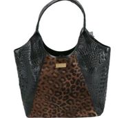 NWT Brahmin Grey Luna Leather Calf Hair Black Animal Print Shopper Tote