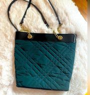 Talbots Quilted Tote Purse Bag Green with Gold Chain