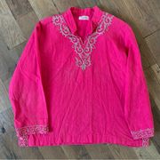 Artisan Embroidered Rope Detail Pink Linen Tunic Blouse Size Large