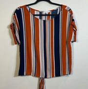 Final Touch Orange Blue Stripe Tie Detail Cutout Beach Crop T Shirt Women Medium