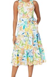 Tahari ASL sleeveless tie back tiered dress tropical floral pockets D2 5062