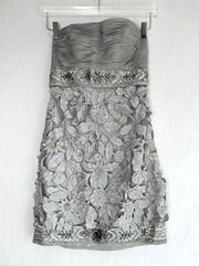 Sue Wong Strapless Beaded Sequins Platinum Silver Dress Size 4 NWT