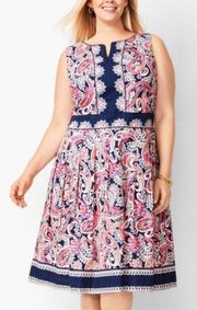 NWT Talbots Paisley Fit & Flare Dress in Pink Navy Cotton Sleeveless Size 14P