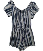 Bebop Womens Romper Sz L Blue Striped Linen Blend Tassel Tie Waist Modern Beachy