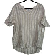 Lord + Taylor 100% Linen Tan White Striped Flutter Short Sleeve Blouse Size XL